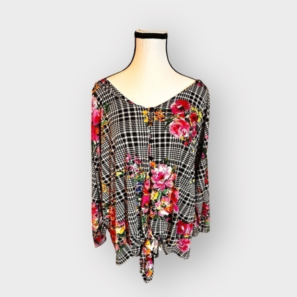Women’s New Directions Women 2X Houndstooth and Floral Cropped Tie Top 18 20 2XL